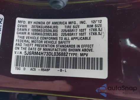 2013 Honda Cr-V Ex-L from USA, damaged, VIN 5J6RM4H73DL036882